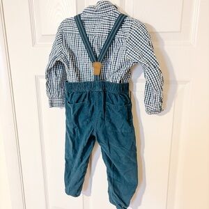 Boys 2pc Outfit Set Blue Plaid Shirt Suspenders Cords (24m/2T)